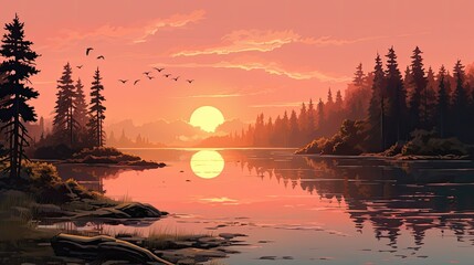 A serene pastel peach sunrise over a tranquil lake.
