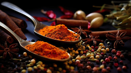   Background Spices and herbs for cooking on dark background Spices Seasonings,  drinks , Generate AI - obrazy, fototapety, plakaty