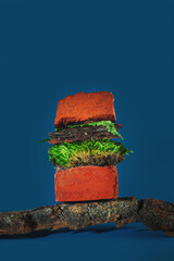 Weird forest burger made from brick, bark and moss.
