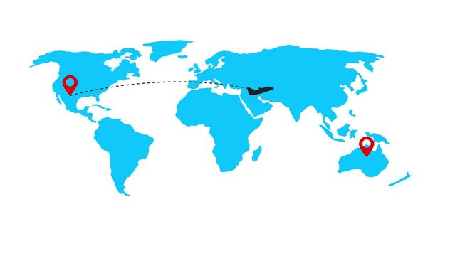 Plane flying on the world map leaving the trail. Route and two points on the map. World map of airline airplane flight path. Travel around the world plane route.