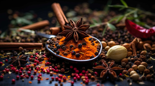   Background Spices and herbs for cooking on dark background Spices Seasonings,  drinks , Generate AI