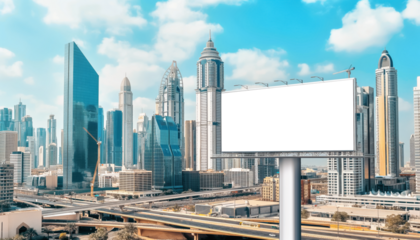 Empty large billboard near main road in modern middle eastern city on a sunny day. Transparent copy space mockup for custom image. Generative AI