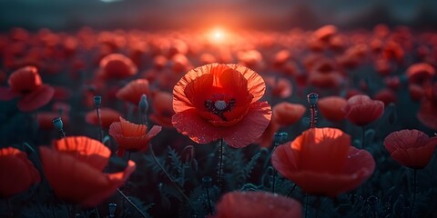 Vibrant poppy field symbolizes remembrance and sacrifice for fallen soldiers. Concept Poppy Field, Remembrance, Fallen Soldiers, Sacrifice, Symbolism - obrazy, fototapety, plakaty