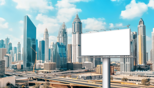 Empty large billboard near main road in modern middle eastern city on a sunny day. Transparent copy space mockup for custom image. Generative AI