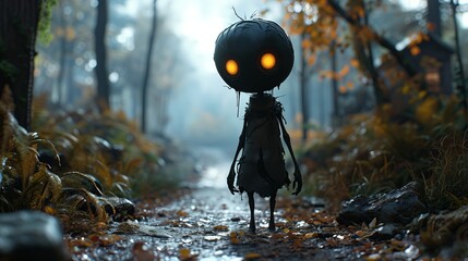 Dark cartoon character walking on a path in the forest surrounded by trees and nature