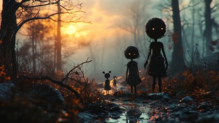 Silhouettes of creepy cartoon women and girls standing among trees in forest area at dawn