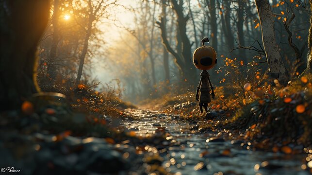 Stickman cartoon character is walking down a path in the woods, surrounded by trees