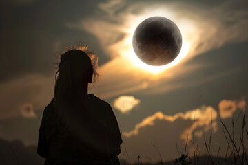 Silhouetted Person Gazing at Stunning Lunar Eclipse at Twilight, Solar Eclipse 2024, April 8 - 772469904