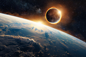 Stunning Solar Eclipse View from Space near Earth Horizon, Solar Eclipse 2024, April 8 - 772469925