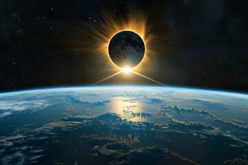 Breathtaking Solar Eclipse View from Space, Earth Bathed in Twilight, Solar Eclipse 2024, April 8 - obrazy, fototapety, plakaty