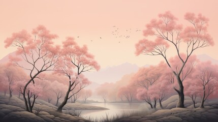 a serene morning scene with pastel peach skies and gently swaying trees