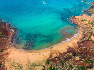 Aerial drone view of Cala del Pilar beach scenery of Menorca, near Ferreries - 772469972