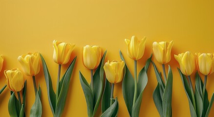 Obraz premium Row of Yellow Tulips Against Yellow Background