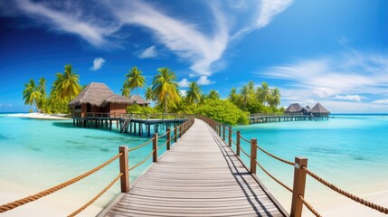mazing panorama landscape of beach. Tropical beach landscape seascape, luxury water villa resort wooden jetty