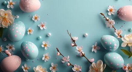 Blue Background With Flowers and Eggs