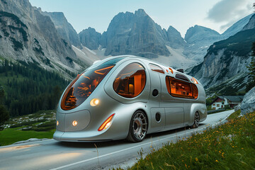 Futuristic Vehicle Travels Through Majestic Mountainous Landscape at Dusk - 772470171