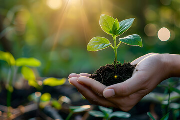Hands holding young plant in sunshine and green background at sunset, environment conservation, reforestation, climate change.