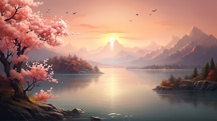 Render a peaceful pastel peach lake scene with a serene landscape in the background - obrazy, fototapety, plakaty