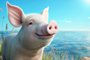 Joyful Pig Cartoon in Sunlit Pastoral Scene - A Delightful Digital Artwork - 772470334
