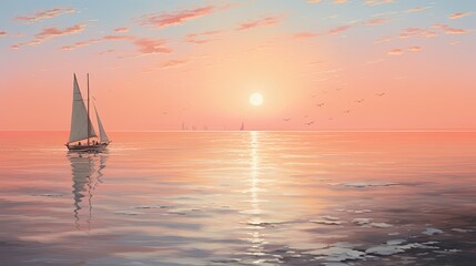 Render a serene pastel peach-colored seascape with sailboats gliding on calm waters. - obrazy, fototapety, plakaty