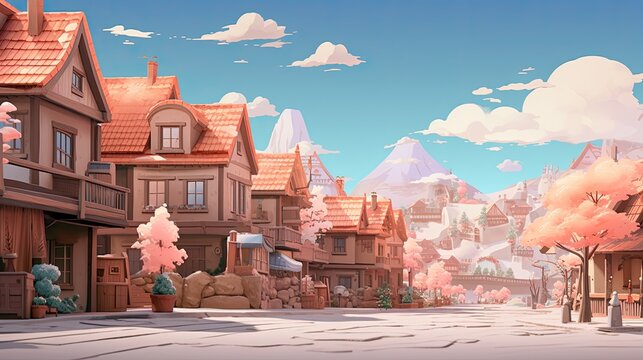 Render a charming pastel peach-colored village scene with quaint cottages.