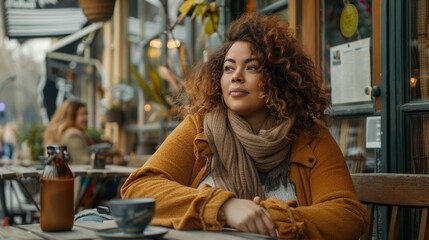 Fototapeta na wymiar Confident Woman at Coffee Shop Terrace