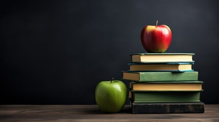 Stack of books and apple on blackboard background