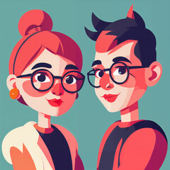 set illustration featuring characters with distinct hairstyles, glasses, and expressive eyes. The modern, flat design uses vibrant colors and minimalistic features. 
