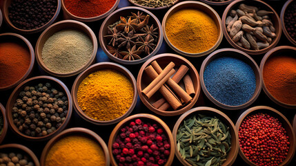 Obraz na płótnie Canvas Colorful background of various herbs and spices for cooking in bowls, Spices - Seasonings, Food India, Indian culture, Raw materials for banner design , Generate AI