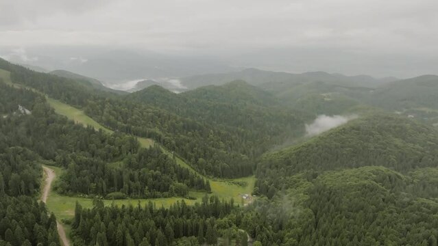 On a gloomy day filming with a drone an extraordinary landscape of nature the mountains adorned with lush green forests filled with pine trees after a rain