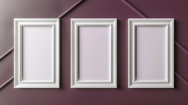 Three minimalist art gallery poster frame mockups in pearl white, arranged in an ascending diagonal line on a solid aubergine wall
