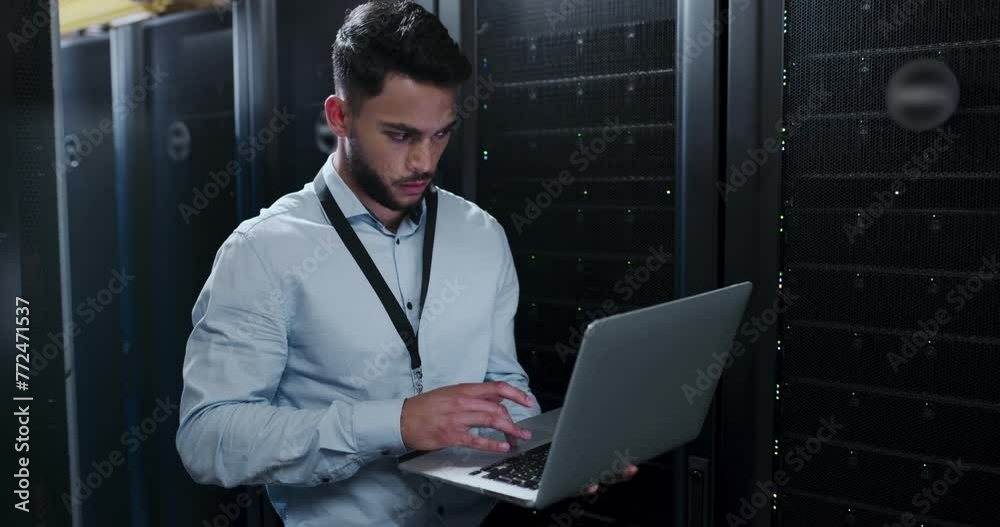 Poster Programmer, server room and laptop for system maintenance, cloud computing or software backup. Technician or business man typing on computer for engineering, programming and coding in a data center