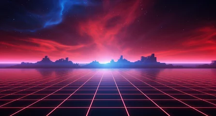 Poster Red grid floor on a glow neon night red grid background, in the style of atmospheric clouds, concert poster, rollerwave, technological design, shaped canvas, smokey vaporwave background. © ribelco