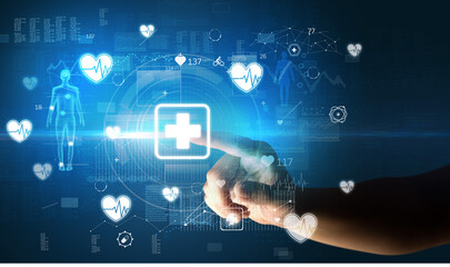Doctor hand pressing futuristic health device with medical symbol on screen