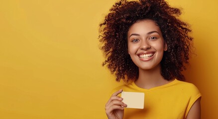 Smiling Woman Holding Card - obrazy, fototapety, plakaty