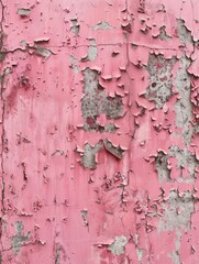 A vertical snapshot of a dilapidated pink wall, focusing on the contrasts between the paint layers and exposed concrete.