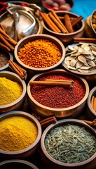  Colorful background of various herbs and spices for cooking in bowls, Spices - Seasonings, Generate AI