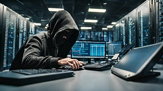 Hooded Hacker Attacking Data Server Hacker Stealing Secure Information From Server