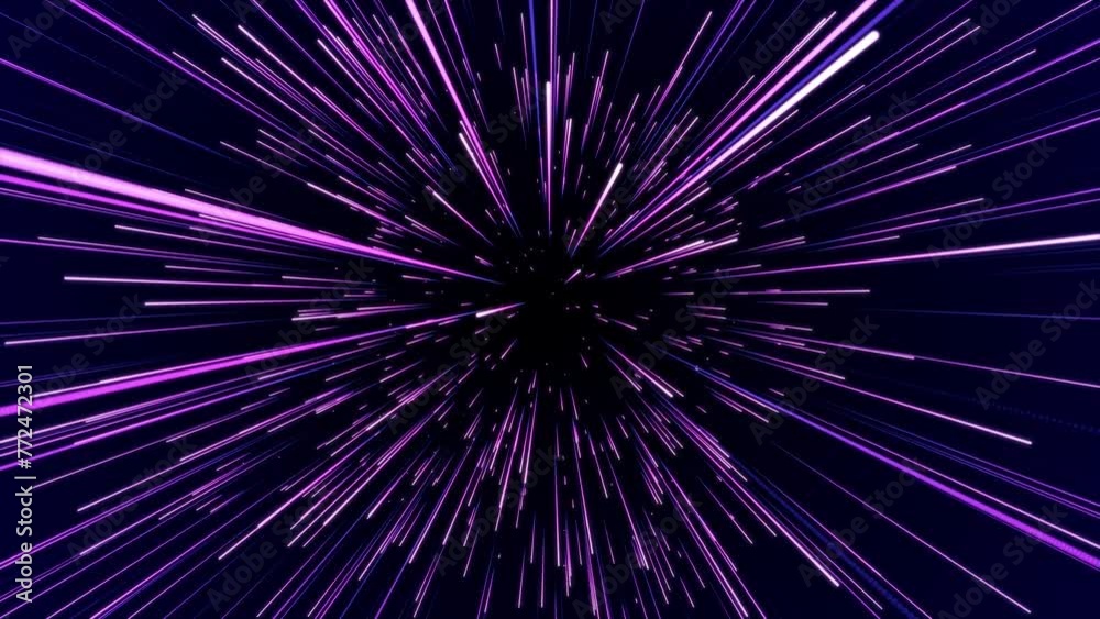 Poster Abstract blue hyper jump. Digital hyperspace with flow of bright particles. Beams motion in galaxy. Big stars explosion. Space glowing tunnel moving at the speed of light. 3d rendering.