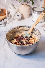 The mixture of the baking or cookie dough. Delicious sweet cooking concept.