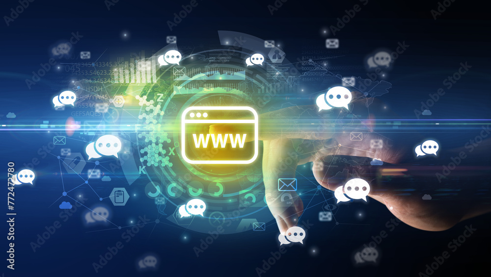 Poster touching with soft gesture multimedia screen with future technology concept