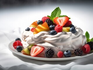 Pavlova with fresh berries, mint on white plate on white background.