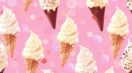 Vanilla ice cream cones with pink bubble background