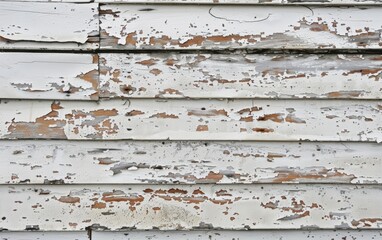 Wide angle view of a white wooden surface with peeling paint and rustic charm.