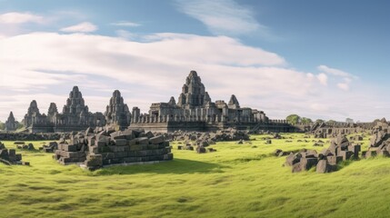 Fototapeta na wymiar Ancient stone ruins on green field and Candi Prambanan or Rara Jonggrang, Hindu temple compound on background.