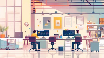 Digital artists working on computers in a modern office setup with large windows. Flat illustration with copy space
