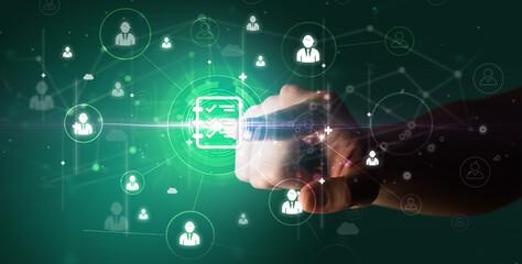 Businessman hand pressing stock graphic information on multitouch screen