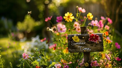 Rustic Summer Time sign among blooming garden flowers at sunset. Golden hour gardening concept for design and print