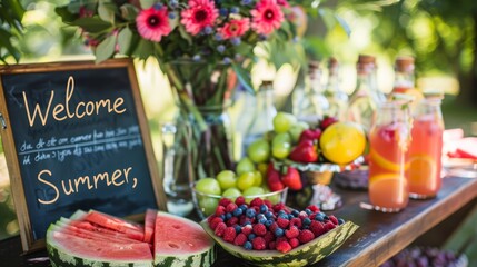 Summer refreshments and fruits on a table with a Welcome Summer chalkboard sign. Outdoor garden party concept. - obrazy, fototapety, plakaty
