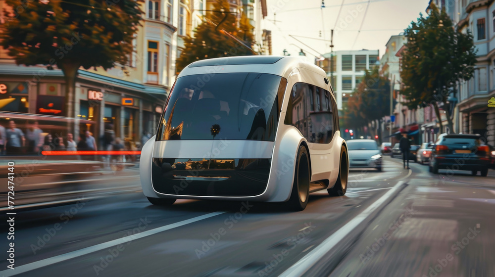 Poster autonomous shuttle bus navigating urban street at twilight